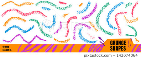 Brush set of handmade crayon arcs and doodles. Grainy brush marks appear in pink blue green and orange on cream. Crafted vector elements form a collection for social media post or poster design Brush set of handmade crayon arcs and doodles. Grainy brush marks appear in pink blue green and orange on cream. Crafted vector elements form a collection for social media post or poster design 142074064