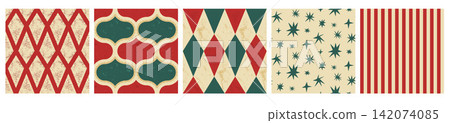 Carnival seamless pattern strip with five circus repeats. Red navy Christmas artwork combines argyle harlequin and twinkle motifs. Aged vector seamless collection for fabric print or wallpaper bg Carnival seamless pattern strip with five circus repeats. Red navy Christmas artwork combines argyle harlequin and twinkle motifs. Aged vector seamless collection for fabric print or wallpaper bg 142074085