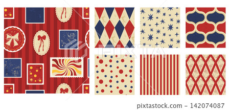 Carnival pattern set with coordinated circus repeats. Red navy Christmas artwork joins argyle postage and polkadot motifs. Weathered vector pattern set for home decor fabric or printed paper bg Carnival pattern set with coordinated circus repeats. Red navy Christmas artwork joins argyle postage and polkadot motifs. Weathered vector pattern set for home decor fabric or printed paper bg 142074087