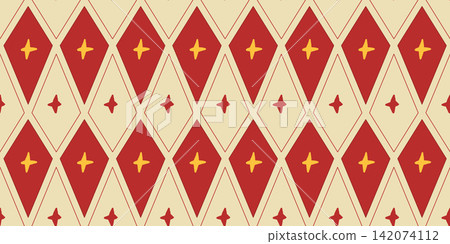 Seamless pattern argyle shows red cream and gold diamond bands with small gleams. Harlequin and twinkle shape the ornament in even rhythm. Tileable vector argyle for room wallpaper or garment textile Seamless pattern argyle shows red cream and gold diamond bands with small gleams. Harlequin and twinkle shape the ornament in even rhythm. Tileable vector argyle for room wallpaper or garment textile 142074112