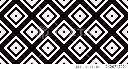 Rhombus pattern repeat shows black and white nested diamonds in a bold maze. Brutalist and neo detail the rhombus with balanced rhythm. Tileable vector pattern for textile yardage or interior wall Rhombus pattern repeat shows black and white nested diamonds in a bold maze. Brutalist and neo detail the rhombus with balanced rhythm. Tileable vector pattern for textile yardage or interior wall 142074122