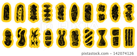 Bold paper cutout figures with black scribble doodle for craft scrapbook. Hand drawn abstract shapes on bright yellow torn paper and scallop edges. Vector geometric cutout set in naive charcoal charm Bold paper cutout figures with black scribble doodle for craft scrapbook. Hand drawn abstract shapes on bright yellow torn paper and scallop edges. Vector geometric cutout set in naive charcoal charm 142074126