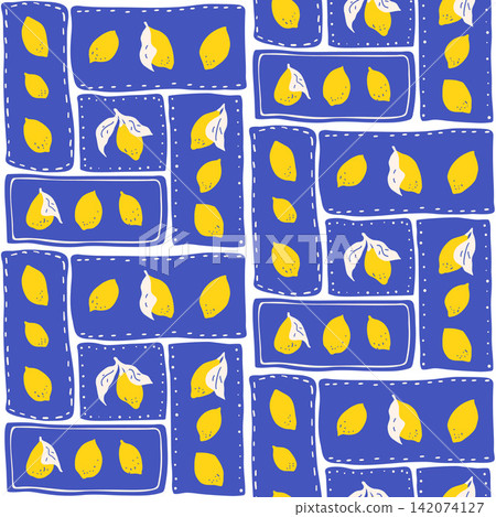 Lemons naive simple seamless pattern. Patchwork fruit summer endless background. Crayon repeat cover ornament. Surface pattern italian mediterranean motif. Vector hand drawn citrus illustration Lemons naive simple seamless pattern. Patchwork fruit summer endless background. Crayon repeat cover ornament. Surface pattern italian mediterranean motif. Vector hand drawn citrus illustration 142074127