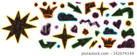 Paper cutout star figures with crayon and doodle marks for fun sticker pack and decor card. Geometric shape elements as cutout paper cloud collage. Pastel vector design set isolated Paper cutout star figures with crayon and doodle marks for fun sticker pack and decor card. Geometric shape elements as cutout paper cloud collage. Pastel vector design set isolated 142074149