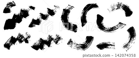 Rough brush set of curved strokes and swatches with dry texture. Black rough marks form arcs and gritty smears on white. Dynamic vector brushwork collection for poster design or advertising layout Rough brush set of curved strokes and swatches with dry texture. Black rough marks form arcs and gritty smears on white. Dynamic vector brushwork collection for poster design or advertising layout 142074358