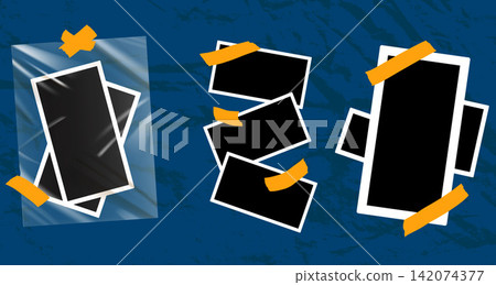 Layered photo frame moodboard with grouped snapshots, taped borders and sheets. Blue texture and yellow adhesive connect each photo frame. Vector scrapbook collection for poster design or sale bg Layered photo frame moodboard with grouped snapshots, taped borders and sheets. Blue texture and yellow adhesive connect each photo frame. Vector scrapbook collection for poster design or sale bg 142074377