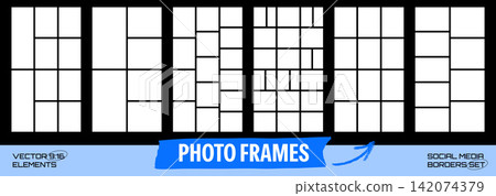 Photo frame set with six vertical story grids and borders. White rectangles form varied modular layouts for portrait photo sequences. Vector frame collection for social media or collage design Photo frame set with six vertical story grids and borders. White rectangles form varied modular layouts for portrait photo sequences. Vector frame collection for social media or collage design 142074379