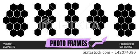 Hexagon photo border set with five modular honeycomb frame grids. Black hexagons form vertical layouts with varied tile counts. Vector photo honeycomb cadre for presentation slide or collage design Hexagon photo border set with five modular honeycomb frame grids. Black hexagons form vertical layouts with varied tile counts. Vector photo honeycomb cadre for presentation slide or collage design 142074380