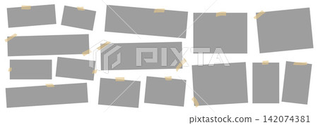 Photo frame set with loose paper rectangles and beige washi tape. Angled photo placeholders form a creative portfolio collage. Modular vector frames for scrapbook layout or stationery design or promo Photo frame set with loose paper rectangles and beige washi tape. Angled photo placeholders form a creative portfolio collage. Modular vector frames for scrapbook layout or stationery design or promo 142074381