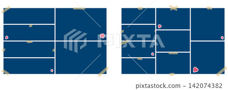 Frame photo set with blue collage grid and beige washi tape. Mixed rectangle create modular photo areas with small heart stickers. Decorative vector frames for scrapbook layout or memory album design 142074382
