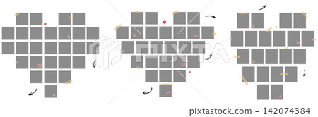 Heart layout set with three photo collages and taped frames. Gray rectangles build each heart with pink stickers and black annotation arrows. Decorative vector layout for wedding card or scrapbook bg Heart layout set with three photo collages and taped frames. Gray rectangles build each heart with pink stickers and black annotation arrows. Decorative vector layout for wedding card or scrapbook bg 142074384