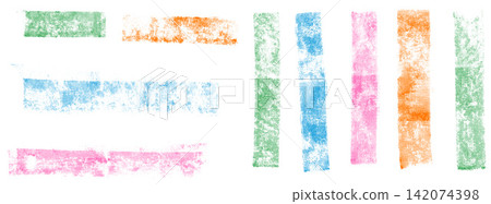 Brush line set of straight chalk bars and rough swatches. Pastel line strokes appear in pink blue green and orange on white. Textured vector brush elements for social media post or frame callout bg Brush line set of straight chalk bars and rough swatches. Pastel line strokes appear in pink blue green and orange on white. Textured vector brush elements for social media post or frame callout bg 142074398