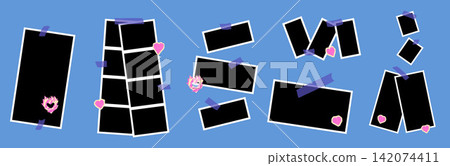 Collage paper set with six snapshot frame layouts. Blue background and purple tape with hearts sticker and blank photos. Vector collage paper for social media or stationery design or memory album bg 142074411
