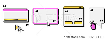 Retro game and pixel set with quote windows. Pink yellow and black accents define browser boxes on white. Vector game and pixel frames for callout or infographic design isolated on white bg 142074416