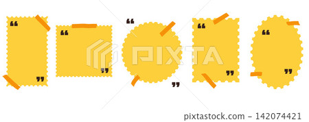 Message frame set with quote text boxes and postage stamp tag. Yellow panels feature tape corners with scallop cite circles. Vector message frame collection for sticker sheet or scrapbook or callout Message frame set with quote text boxes and postage stamp tag. Yellow panels feature tape corners with scallop cite circles. Vector message frame collection for sticker sheet or scrapbook or callout 142074421