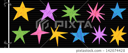 Colorful star and pastel mark set with rough school crayon character. Bright star forms in yellow pink green and blue carry pastel grain. Playful vector collection for classroom poster design Colorful star and pastel mark set with rough school crayon character. Bright star forms in yellow pink green and blue carry pastel grain. Playful vector collection for classroom poster design 142074428