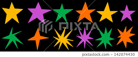 Vibrant star set of flat silhouettes with classic five point forms and angular spark bursts. Yellow purple green and orange shapes glow on black. Bold vector star set for notebook cover design Vibrant star set of flat silhouettes with classic five point forms and angular spark bursts. Yellow purple green and orange shapes glow on black. Bold vector star set for notebook cover design 142074430