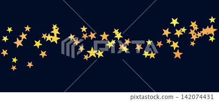 Star wave curves across dark navy as a loose ribbon of golden shapes. Yellow and amber sizes create a playful uneven rhythm. Minimal vector star wave background for notebook cover design Star wave curves across dark navy as a loose ribbon of golden shapes. Yellow and amber sizes create a playful uneven rhythm. Minimal vector star wave background for notebook cover design 142074431