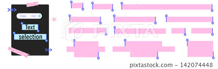 Whimsical text selection set with heart handles. Pink highlight boxes repeat text areas and select controls with accents. Playful vector callouts for social media story or y2k advertising layout Whimsical text selection set with heart handles. Pink highlight boxes repeat text areas and select controls with accents. Playful vector callouts for social media story or y2k advertising layout 142074448