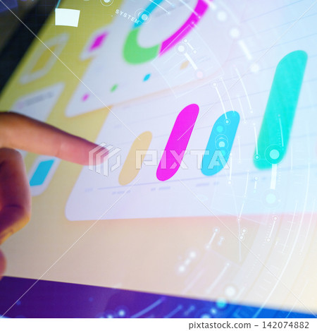 Business environments where data analysis graphs are manipulated with fingers. Business environments where data analysis graphs are manipulated with fingers. 142074882