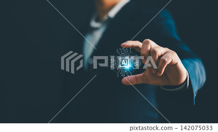Businessman hand holding digital AI microchip icon with glowing circuit board. Concept of artificial intelligence processor, machine learning technology, future innovation and data hardware Businessman hand holding digital AI microchip icon with glowing circuit board. Concept of artificial intelligence processor, machine learning technology, future innovation and data hardware 142075033
