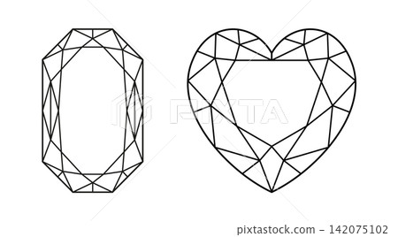 Heart, Phoenix Radiant diamond cut shape icons. Design diagram. Brilliant Radiant, Heart shaped modified cut patterns. Precious gemstone outline sample for jewellery design, branding, packaging, logo. Heart, Phoenix Radiant diamond cut shape icons. Design diagram. Brilliant Radiant, Heart shaped modified cut patterns. Precious gemstone outline sample for jewellery design, branding, packaging, logo. 142075102