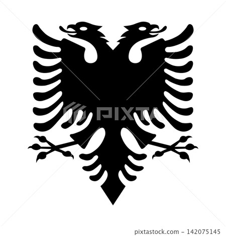 Black double headed eagle simple silhouette from Flag of Albania icon, sticker. Albanian eagle with two heads flat layout. Albanian flag coat of arms, sign, symbol sample isolated on white background. Black double headed eagle simple silhouette from Flag of Albania icon, sticker. Albanian eagle with two heads flat layout. Albanian flag coat of arms, sign, symbol sample isolated on white background. 142075145