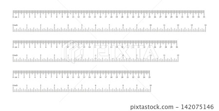Metrics indicator 25, 30, 35 cm, 10, 12, 14 inch. Inch, metric rulers set. Inches, centimeters simple measuring scales for ruler. Measuring tool, scales flat icons. Metrics indicator 25, 30, 35 cm, 10, 12, 14 inch. Inch, metric rulers set. Inches, centimeters simple measuring scales for ruler. Measuring tool, scales flat icons. 142075146