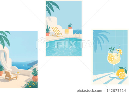 Vsai summer holiday scenes with pool, terrace, and fresh drink 142075314