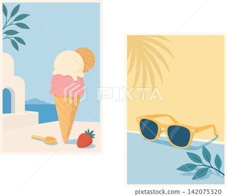 Vsai summer vacation concept with ice cream and sunglasses Vsai summer vacation concept with ice cream and sunglasses 142075320