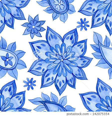 Watercolor pattern. Blue floral ornaments in an Oriental style. Watercolor pattern. Blue floral ornaments in an Oriental style. 142075354