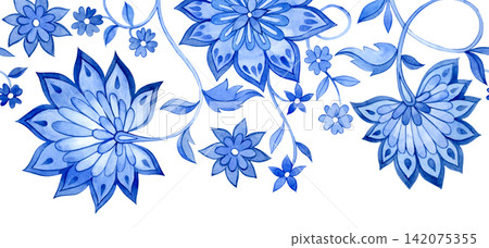 Seamless watercolor border. Blue floral ornaments in an Oriental style. Seamless watercolor border. Blue floral ornaments in an Oriental style. 142075355