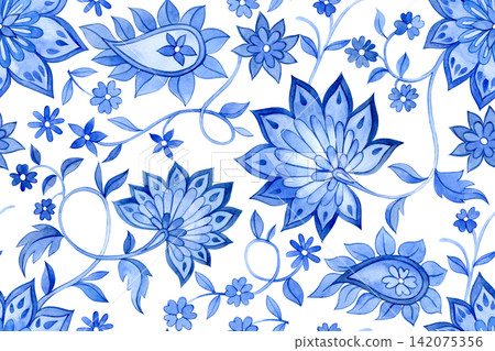 Vintage pattern with Oriental motifs. Blue floral and paisley print. Vintage pattern with Oriental motifs. Blue floral and paisley print. 142075356