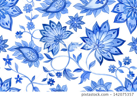 Folk pattern of Indian blue motif. watercolor print of flowers and paisley. Folk pattern of Indian blue motif. watercolor print of flowers and paisley. 142075357