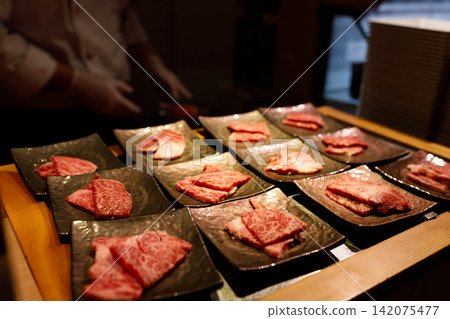 Marbled beef served on a restaurant plate Marbled beef served on a restaurant plate 142075477