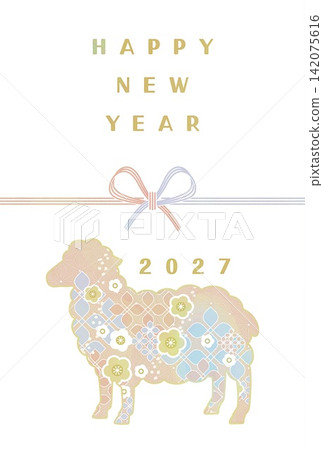 2027 New Year's card design: Sheep and ribbon 2027 New Year's card design: Sheep and ribbon 142075616