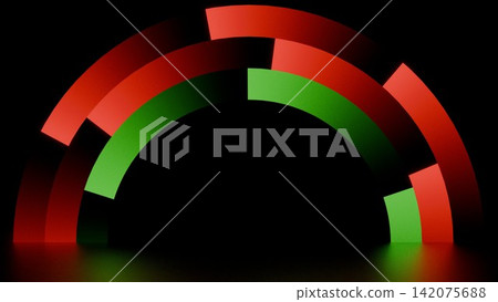 3D cyber technology assets with red and green glowing arch frames and a black background. Copy space available. 3D cyber technology assets with red and green glowing arch frames and a black background. Copy space available. 142075688