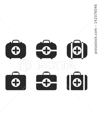Black First Aid Kit and Medical Case Silhouette Icon Set Black First Aid Kit and Medical Case Silhouette Icon Set 142076046