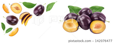 fresh purple plum and half isolated on white background with copy spase for your text. Top view. Flat lay fresh purple plum and half isolated on white background with copy spase for your text. Top view. Flat lay 142076477