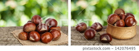 chestnut on the old wooden table with blurred garden background chestnut on the old wooden table with blurred garden background 142076495