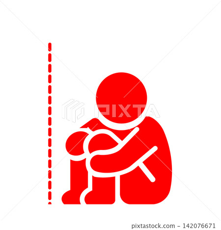 A pictogram (in red) of a person sitting in a fetal position due to loneliness or anxiety. A pictogram (in red) of a person sitting in a fetal position due to loneliness or anxiety. 142076671