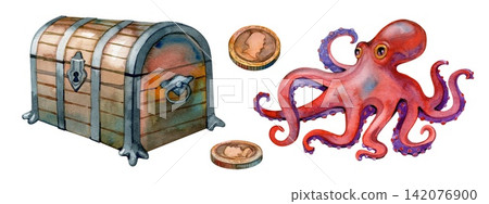 Watercolor pirate set with treasure chest gold coins and red octopus, hand painted vibrant sea adventure collection illustration Watercolor pirate set with treasure chest gold coins and red octopus, hand painted vibrant sea adventure collection illustration 142076900