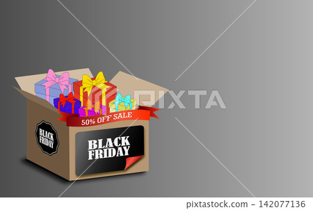 Black Friday cardboard gift box set layout template filled with colorful present boxes and red 50 percent off sale ribbon for holiday discount shopping promo design Black Friday cardboard gift box set layout template filled with colorful present boxes and red 50 percent off sale ribbon for holiday discount shopping promo design 142077136