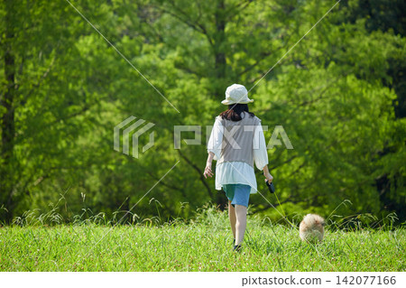 在一個夏日的早晨,一位國中女生在公園裡快樂地和一隻博美幼犬玩耍。 在一個夏日的早晨,一位國中女生在公園裡快樂地和一隻博美幼犬玩耍。 142077166
