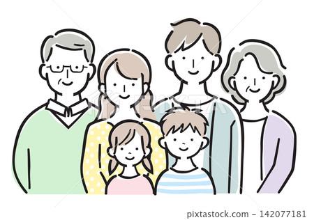 A family illustration featuring three generations: grandparents, a married couple, and two children. A family illustration featuring three generations: grandparents, a married couple, and two children. 142077181