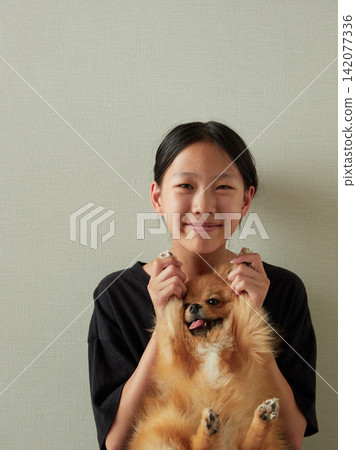 國中女生在暑假期間,在她家的客廳和一隻可愛的博美幼犬玩耍。 國中女生在暑假期間,在她家的客廳和一隻可愛的博美幼犬玩耍。 142077336