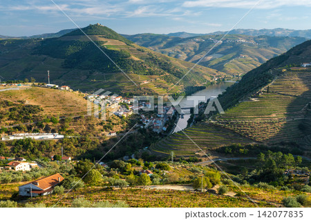 Regua town in Douro Valley Portugal, with winding Douro river, vineyard hills, mountain layers and terraced rows. Regua town in Douro Valley Portugal, with winding Douro river, vineyard hills, mountain layers and terraced rows. 142077835