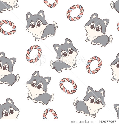 Vector seamless pattern cute husky puppies and rope toys Vector seamless pattern cute husky puppies and rope toys 142077967