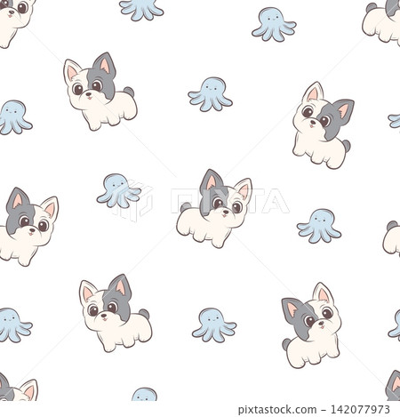 Vector seamless pattern French bulldogs and playful octopuses Vector seamless pattern French bulldogs and playful octopuses 142077973