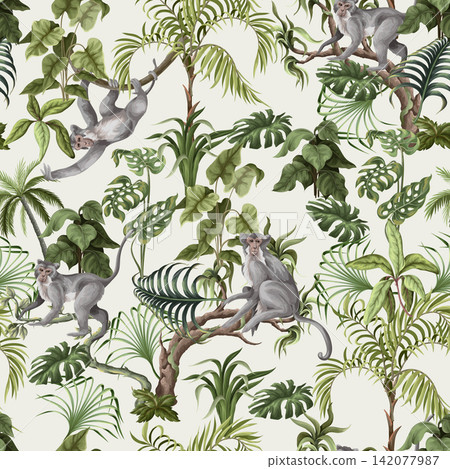 Jungle Monkeys Seamless Pattern with Tropical Leaves Exotic Wildlife and Botanical Forest Branches Jungle Monkeys Seamless Pattern with Tropical Leaves Exotic Wildlife and Botanical Forest Branches 142077987
